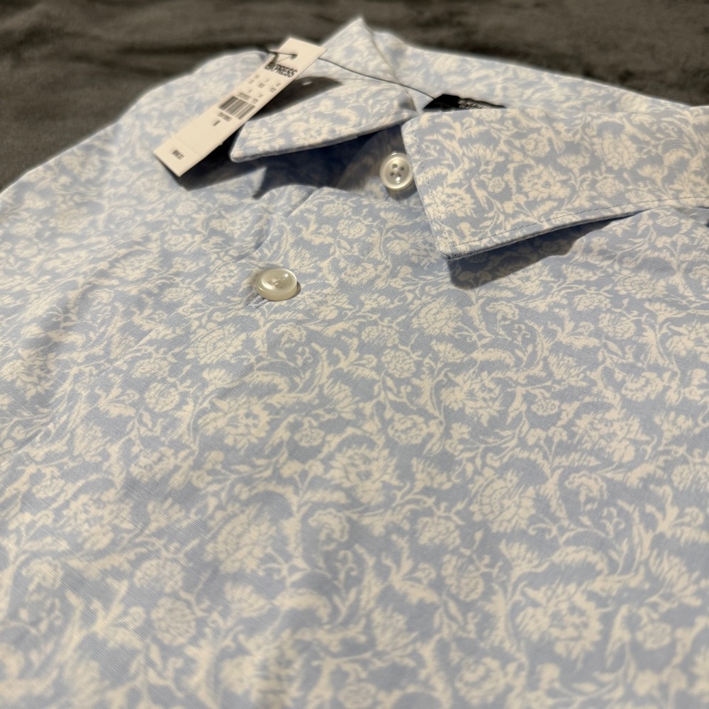 Express Blue and White Floral Print Dress Shirt NWT